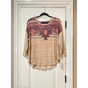 New  Signature Studio Top Crochet Overlay Aztec Womens Top Large